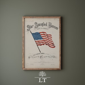 Natural Vintage Star Spangled Banner Print for Patriotic Wall Decor Vintage Patriotic American Flag Print of National Anthem Cover Art