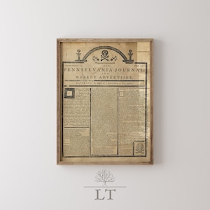 May include: A framed vintage newspaper clipping from the Pennsylvania Journal and Weekly Advertiser, dated October 21, 1769. The headline reads "EXPIRING: In Hopes of a Resurrection to Live again."