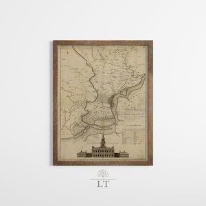 Carte de Philadelphie de 1777 vintage, carte de Philadelphie de l'époque de la guerre d'Indépendance avec oeuvre d'art imprimable Independence Hall, impression patriotique de Philadelphie