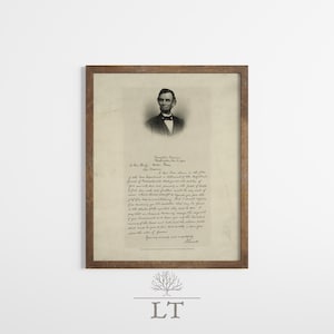 Carta de Abraham Lincoln a la señora Bixby para imprimir sobre la Guerra Civil, impresión histórica sobre la Guerra Civil, arte abolicionista de época, arte americano sobre la Guerra Civil