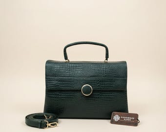 Green Crocodile Textured Leather Handbag, Handmade Top Handle Crossbody Purse