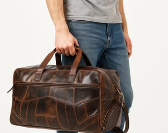 Vintage Brown Leather Duffle Bag, Handmade Full Grain Weekender Bag, Carry On Travel Bag with Shoe Compartment, Gift for Him