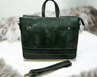 Green Leather Laptop Bag, Handmade Leather Briefcase, 15.6 Inch Laptop Bag, Leather Messenger Bag, Work Bag for Men Women Gift