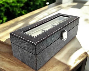 Leather Watch Box, Crocodile Watch Case, 4 Slot Watch Organizer, Mens Watch Storage, Travel Watch Box, Glass Display Case, Gift for Him