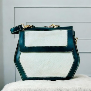 Green Leather Handbag: Handmade Shoulder Bag with Goat Hide Panel
