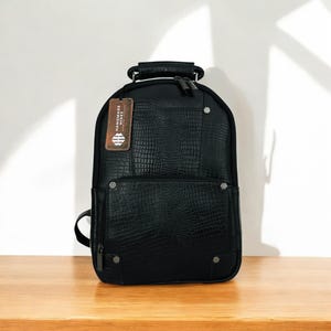 Leather Backpack For Men, Black Leather Bag, Croc-Embossed Backpack, Unisex Leather Bag, Black Designer Backpack, Handmade Leather Backpack