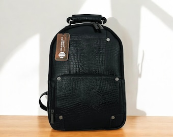 Zwarte krokodillenleer rugzak, volnerf lederen rugzak, luxe reisrugzak, heren dames werktas, laptoprugzak handgemaakt