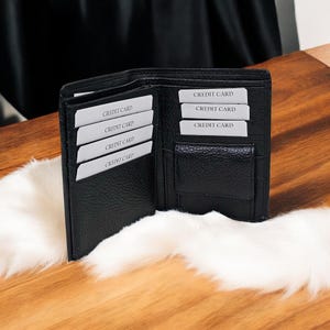Cartera plegable de cuero negro para hombre, hecha a mano en cuero genuino, delgada y espaciosa, 11 ranuras para tarjetas, ventana para identificación, bolsillo con cremallera