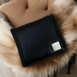 Cartera plegable de cuero genuino para hombre con cierre de cremallera: 4,5" x 4" (abierta 9,5"), 2 compartimentos para efectivo, 4 ranuras para tarjetas, bolsillo para monedas, portadocumentos