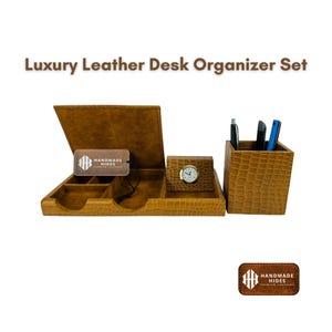 Luxury Leather Desk Organizer Set – Crocodile Texture Desk Tray, Pen Holder and Clock, Premium Office Gift for Him or Her