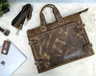 Handmade Full-Grain Leather Briefcase | 15.6" Laptop Bag, Vintage Style