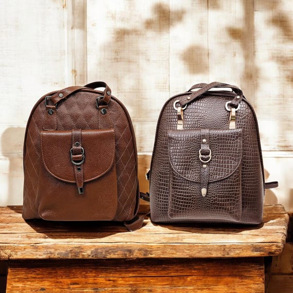 Handmade brown leather backpack, vintage bookish style travel bag for  women, chic leather bag for campus, journaling, and everyday use