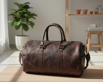Full Grain Leather Duffel Bag, Leather Weekender Bag, Handmade Travel Bag, Mens Overnight Bag, Womens Carry On Luggage, Vintage Gym Bag