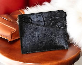 Handmade Black Full Grain Leather Bifold Wallet, Slim Minimalist Design