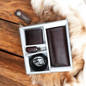 Men’s Genuine Leather Gift Set – Brown Wallets, Reversible Belt & Keychain – Luxury Combo for Men – Bifold and Long Wallet Set