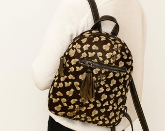 Leopard Print Leather Mini Backpack – Handmade Hair On Goat Leather Purse, Small Travel Bag for Women, Gift for Her