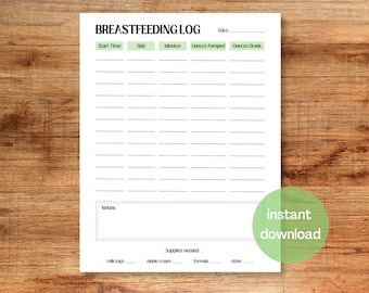 Könnte beinhalten: Druckbarer Still-Tagebuch mit Spalten für Startzeit, Seite, Minuten, abgepumpte Unzen, getrunkene Unzen, Notizen und benötigte Utensilien. Das Tagebuch ist dazu gedacht, Stillmahlzeiten zu protokollieren.