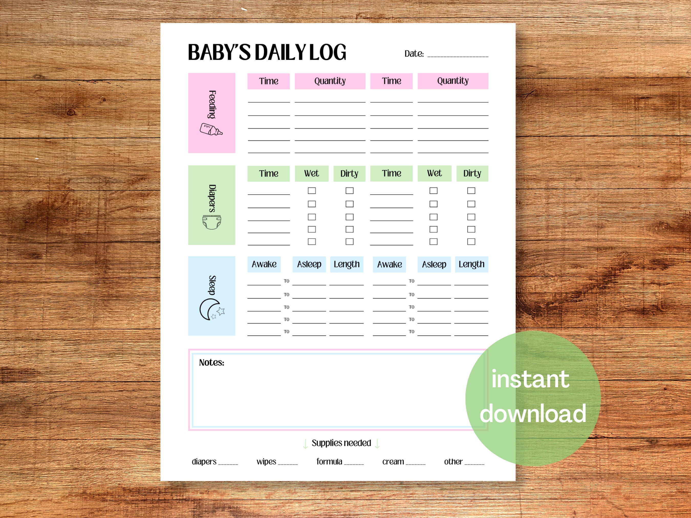 Babys Daily Log Printable Baby Feeding Log Caregiver Nanny Baby Log ...