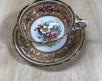 Grosvenor fine china gold chased teacup and saucer with rose motif