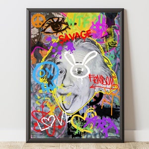 Albert Einstein Graffiti Wall Art, Black & White Street Art Print, Iconic Science Poster, Einstein Wall Decor, Modern Art Gift, Science Art