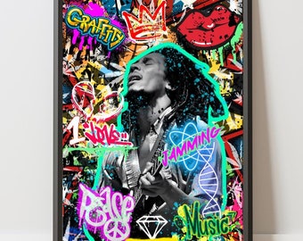 Bob Marley Graffiti Wall Art, Stampa Street Art in bianco e nero, Poster di Bob Marley, Arte iconica della leggenda del reggae, Decorazione della parete musicale, Regalo musicale