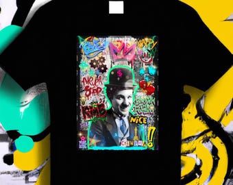 Camiseta con grafiti de Charlie Chaplin, camiseta de arte callejero, camiseta de icono urbano, camiseta de cine vintage, camiseta de arte en blanco y negro, regalo para cinéfilos