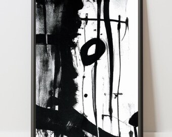 May include: Black and white abstract art print with bold brushstrokes and a circular shape. The print is framed in a black frame.