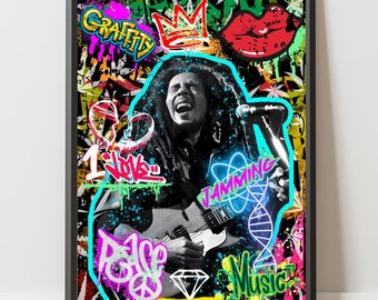 Bob Marley Graffiti Wall Art, Stampa Street Art in bianco e nero, Poster di Bob Marley, Arte iconica della leggenda del reggae, Decorazione della parete musicale, Regalo musicale