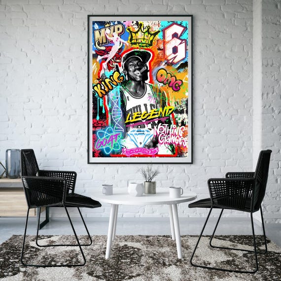 Michael Jordan Graffiti Wall Art, Black & White Street Art Print