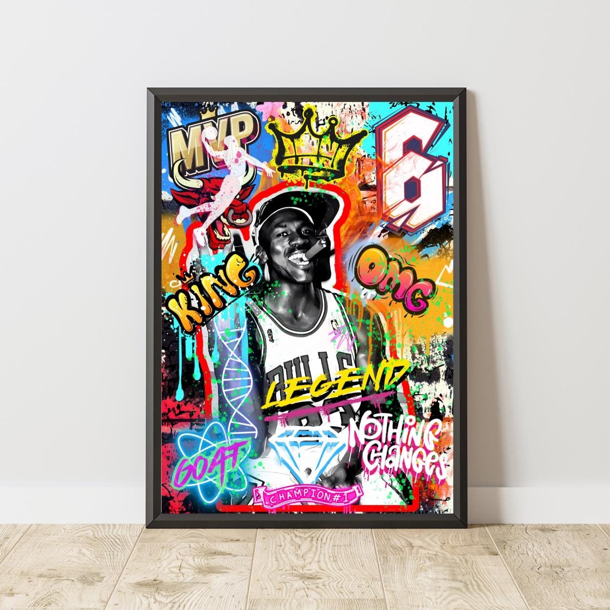 Michael Jordan Graffiti Wall Art, Black & White Street Art Print
