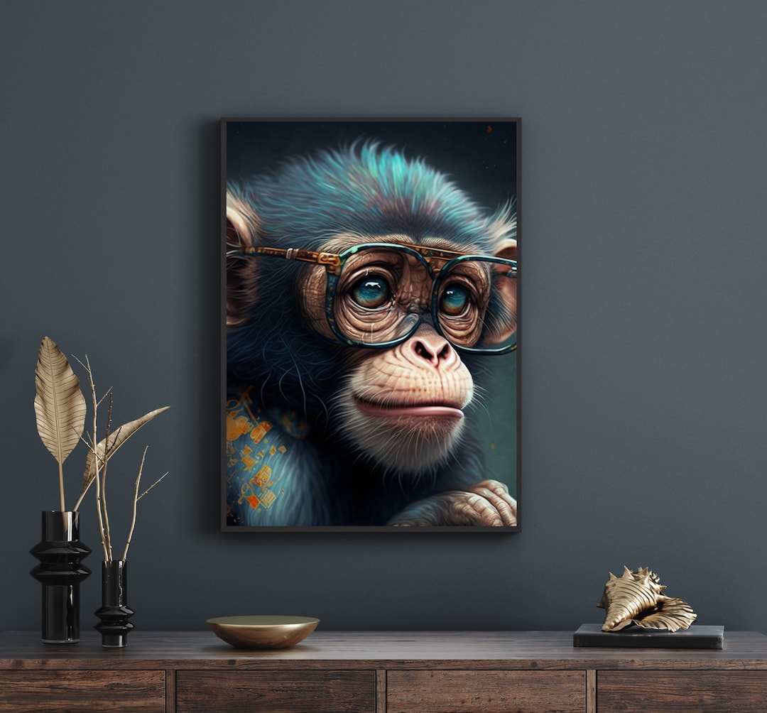 Monkey With Glasses, Animal Art Print, Printable Digital Download
