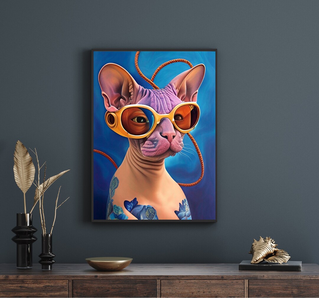 Sphynx Cat With Glasses, Sphynx Wall Art, Cat Art Home Decor, Cat