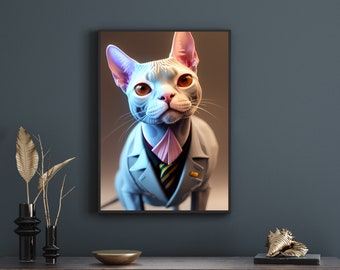 Sphynx Cat with a Suit, Animal Art Print, Printable Digital Download, Printable Wall Art, Animal Wall Art, Animals with a suit, Animal Print