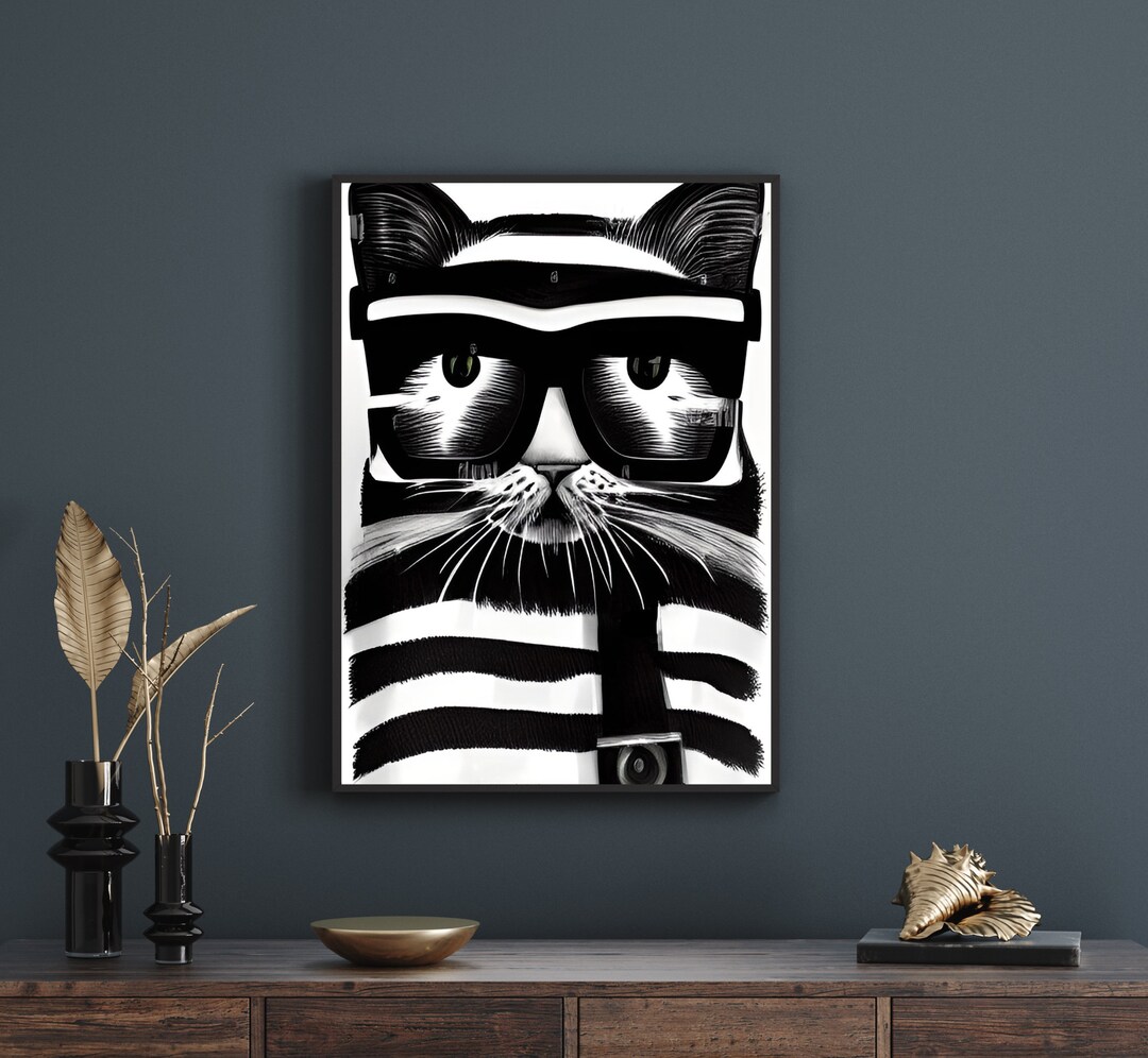 Black and White Cat With Glasses, Animal Art Print, Printable Digital