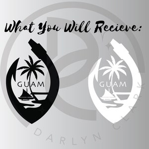 May include: Two black and white versions of the Guam seal. The seal features a palm tree, a boat, and the word "Guam" in a stylised font.