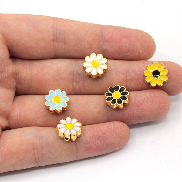 11mm Gold Plated Enamel Daisy Beads, Connector for Beads, Beads for Spacer Bracelet, Bracelet for Beads, Gold Plated Findings, GL1063