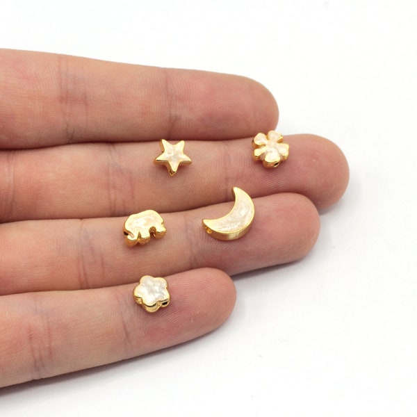 8mm 24K Shiny Gold Plated White Enamel Beads, Star, Clover, Elephant, Moon, Flower Beads, Beads Connector, Gold Plated Findings, GLD073