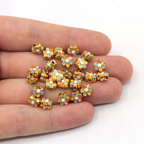 7mm Gold Plated Colorful Daisy Beads, Connector for Beads, Rainbow Color Daisy Spacer Beads, Beads for Daisy Bracelet, Gold Finding, GL1075