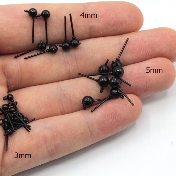 40 Pcs Black Plated 3mm 4mm 5mm Ball Ear Post, Earring Findings, Black Plated Findings, EJM072-076-080