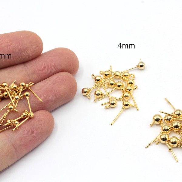 40 Pcs 24K Shiny Gold Plated 3mm 4mm 5mm Ball Ear Post, Earring Findings, Gold Plated Findings, EJM444-065-68