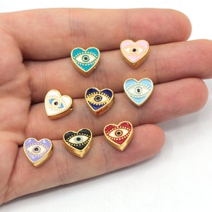 13mm Gold Plated Enamel Evil Eye Heart Beads, Gold Heart Beads, Bracelet Connector, Heart Connector, Bracelet Beads, Gold Findings, GL1072