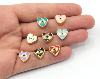 13mm Gold Plated Enamel Evil Eye Heart Beads, Gold Heart Beads, Bracelet Connector, Heart Connector, Bracelet Beads, Gold Findings, GL1072