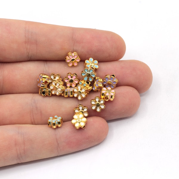 7mm Gold Plated Colourful Daisy Beads, Connector for Beads, Rainbow Color Daisy Spacer Beads, Beads for Daisy Bracelet, Gold Finding, GL1075