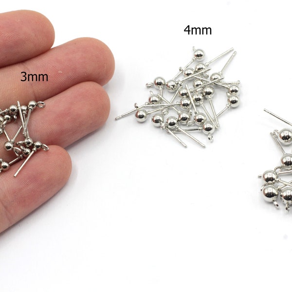 40 Pcs Rhodium Plated 3mm 4mm 5mm Ball Ear Post, Earring Findings, Rhodium Plated Findings, EJM288-290-291