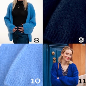 May include: A blue cardigan sweater with long sleeves. The sweater is made of a soft, fuzzy material. The cardigan is open in the front and has a relaxed fit. The color is a vibrant, medium blue. The sweater is a cozy and stylish garment.