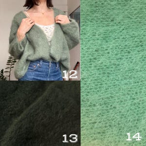 May include: A sage green, open-front cardigan with long sleeves. The soft, fuzzy knitwear is shown on a person wearing a white top and blue jeans. The image also shows close-ups of the fabric in shades of green.