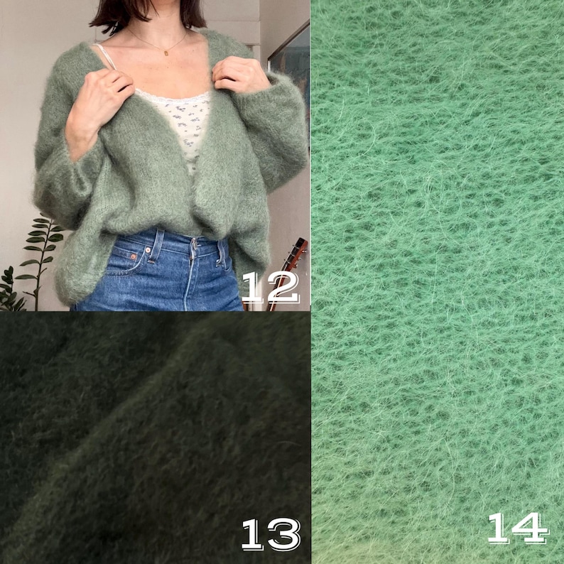 May include: A sage green, open-front cardigan with long sleeves. The soft, fuzzy knitwear is shown on a person wearing a white top and blue jeans. The image also shows close-ups of the fabric in shades of green.