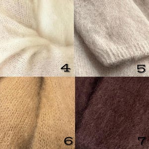 May include: Close-up of four sections of soft, textured knitwear in varying neutral colors. The sections include off-white, light beige, light grey, and deep brown. The image highlights the delicate weave and subtle color variations of the fabric.