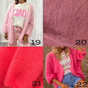 May include: A collection of pink, open-front cardigans. One is worn over a white t-shirt with the word "CIAO" printed on it. Another is paired with denim shorts and a floral top. The cardigans have a soft, fuzzy texture.