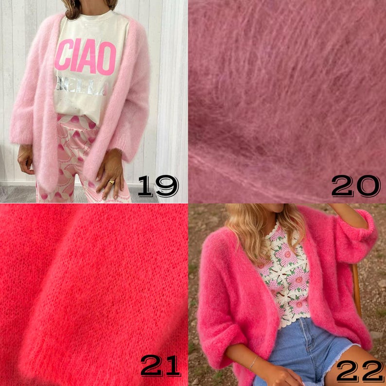 May include: A collection of pink, open-front cardigans. One is worn over a white t-shirt with the word "CIAO" printed on it. Another is paired with denim shorts and a floral top. The cardigans have a soft, fuzzy texture.